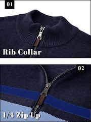 Mens Long Sleeve Sweater 1/4 Zip Winter Warm Casual Fleece Pullover Striped Polo