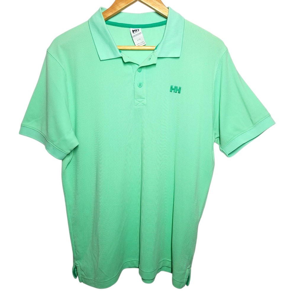Helly Hansen Polo Shirt Men Size L Large Green HH Logo Textured Polyamide