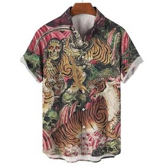 Mens Button Down Japanese Tiger Skull Print Hawaiian Top Novelty Summer Shirt