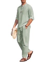 COOFANDY Men’s 2 Pieces Cotton Linen Set Long Sleeve Henley Shirts Casual Beach