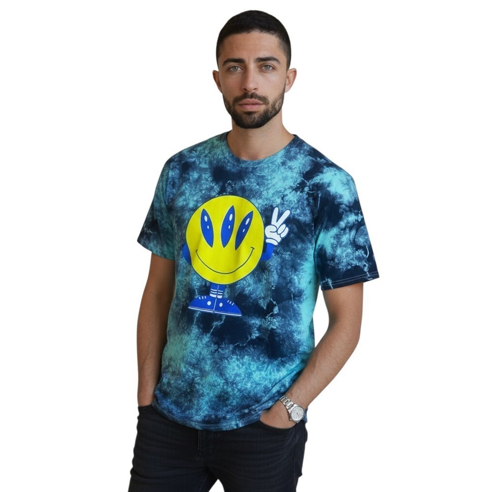 Alab Dark Blue Tie Dye Crew Neck Short Sleeve Smiley Face Tee Tshirt Size Medium