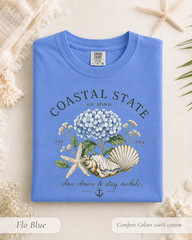 Coastal State of Mind Shirt, Comfort Colors Hydrangea Seashell Beach Tee