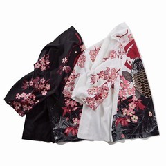 Niepce Streetwear Japanese Black Kimono Graphic Tee Fish Short Sleeves Shirt