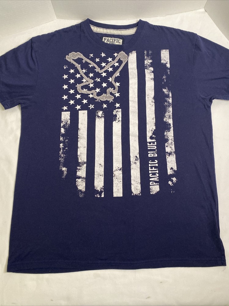 Pacific Blue Distressed Look Eagle Over American Flag Tee Stars And Stripes XL