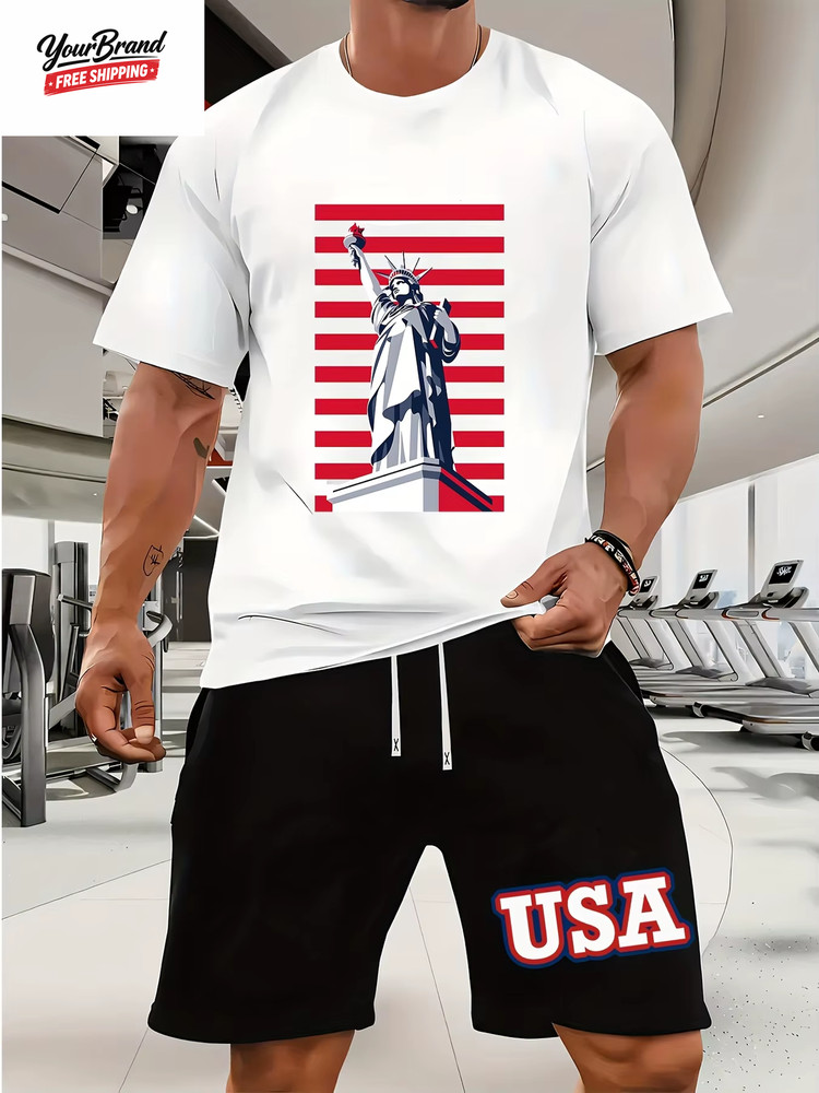 Fashion American Flag Graphic Print T-Shirt Shorts 2-Piece Set Casual Men’S USA