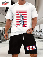 Fashion American Flag Graphic Print T-Shirt Shorts 2-Piece Set Casual Men’S USA
