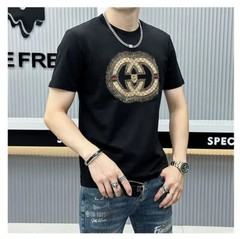 New Men Luxury Diamond Rhinestones Black White T-Shirt High Quality