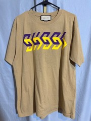 GUCCI Mirror Logo-Print Camel T-Shirt w/ Purple & Yellow Size Medium AUTHENTIC