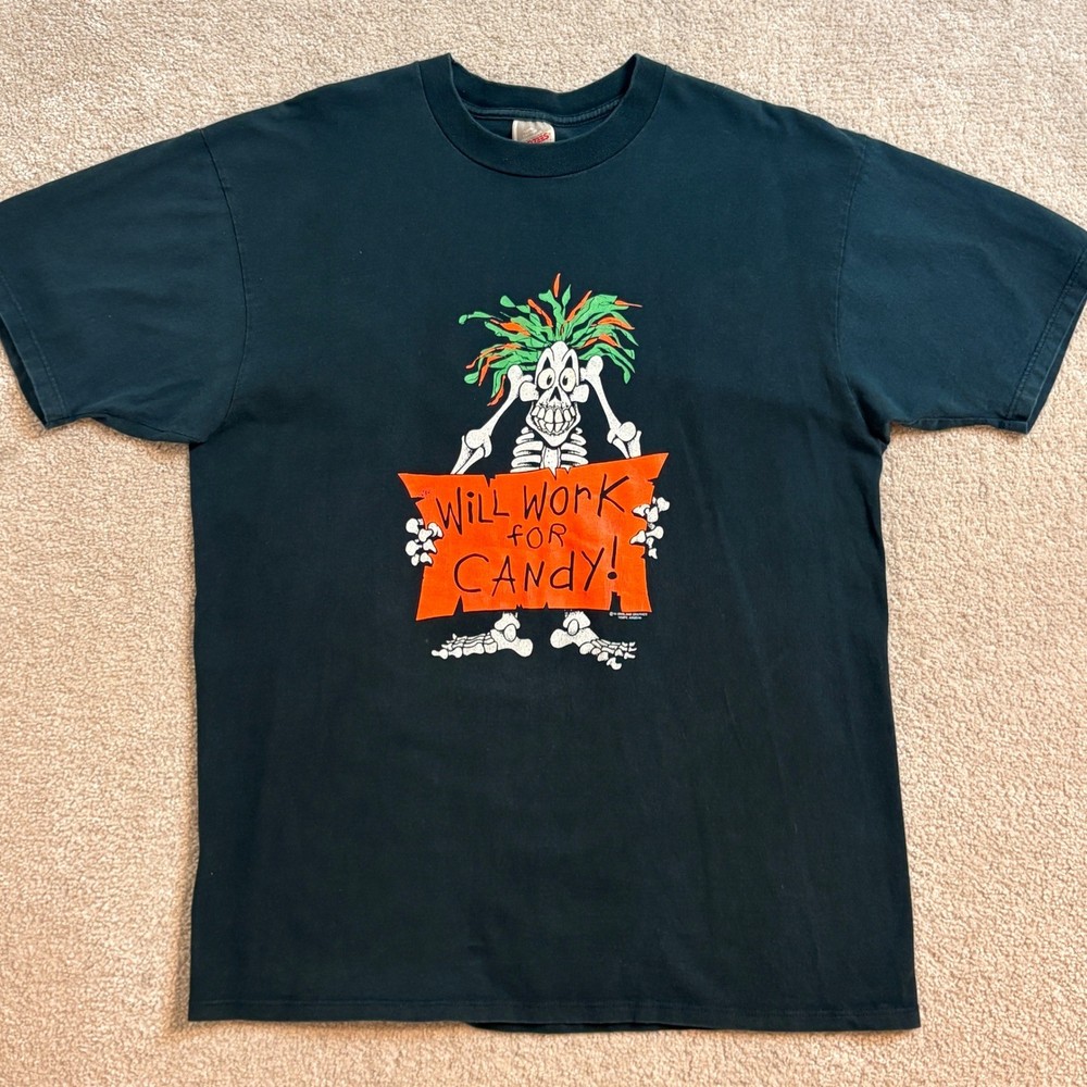 Vintage 90s Jerzees Halloween Skeleton Will Work For Candy Men’s T Shirt XL