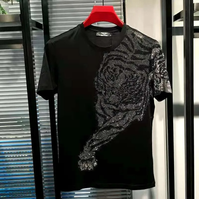 New Hot Drilling Fashion 3D Tiger Rhinestones Summer Luxury Men Black T-Shirt