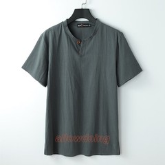 Men’s Stand-up Collar Short Sleeve Cotton Hemp Summer T-shirt Loose Linen V-neck