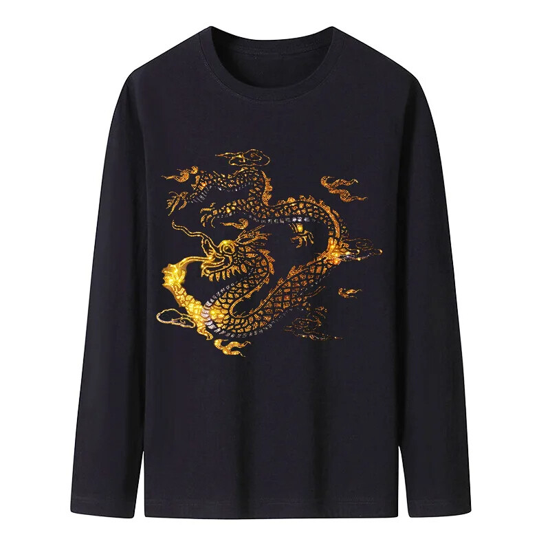 Fashion Dragon Rhinestones Diamond Long Sleeve Luxury Men Trend Cotton T-Shirt