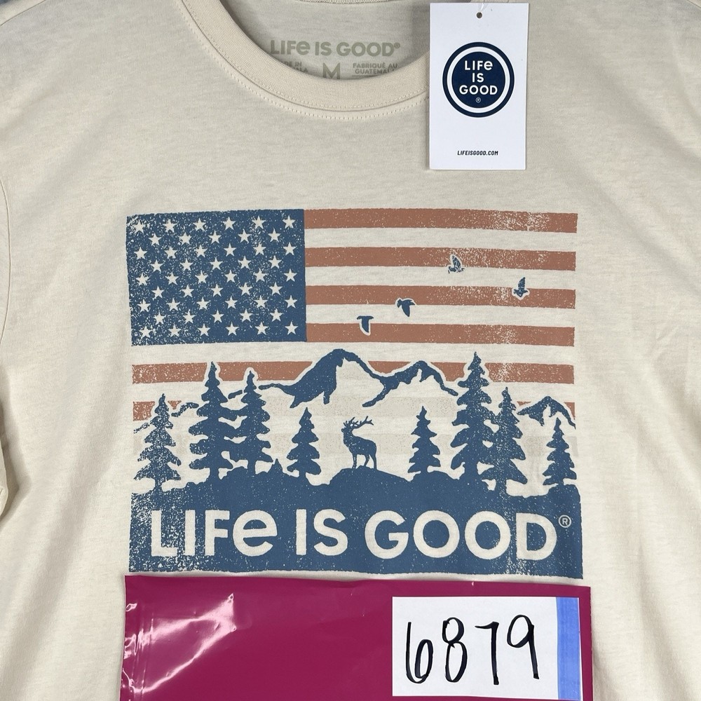 Life Is Good T Shirt M American Flag Mountain Graphic Print Stretch New NWT