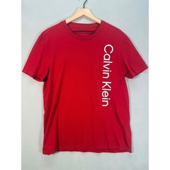 Calvin Klein Mens Red Vertical Logo Graphic Crewneck Cotton T-Shirt Size Large