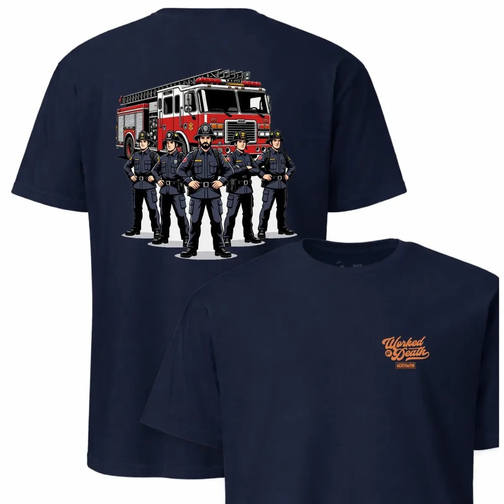 Navy Blue Firefighter Crew with Red Fire Truck T-Shirt