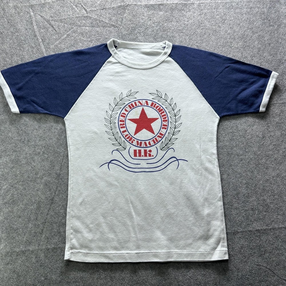 Vintage Lok Ma Chau Sham Chun River Hong Kong Shirt Mens Medium White Raglan