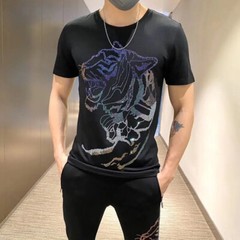 New Men Hot Drilling Fashion Tiger Rhinestone Summer Luxury Two-Piece Tracksuit