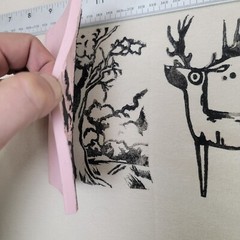 Hand-Printed Southwest Folk Art T-Shirt Cartoon Deer and Tree Lino Cut Print