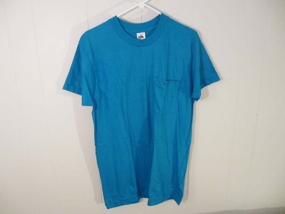 Vintage Fruit of the Loom Pocket T Shirt Large Teal Blue Single Stitch Blank