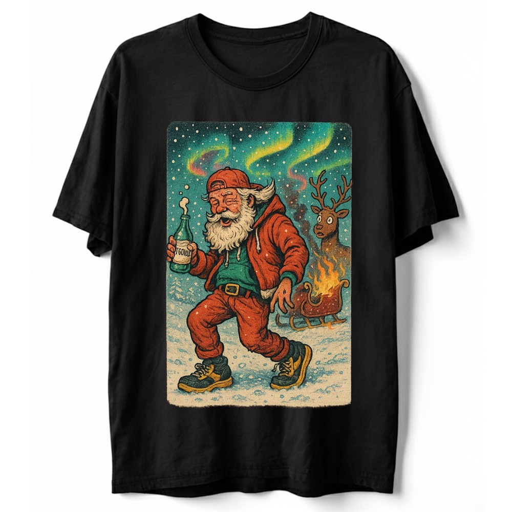 Funny Drunk Santa T-Shirt Modern Hip Hop Style Eggnog Christmas Lights Tee S-5XL