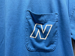 NB New Balance Stretch Blue Pocket T Shirt Unisex size Small Round Slit Hemline