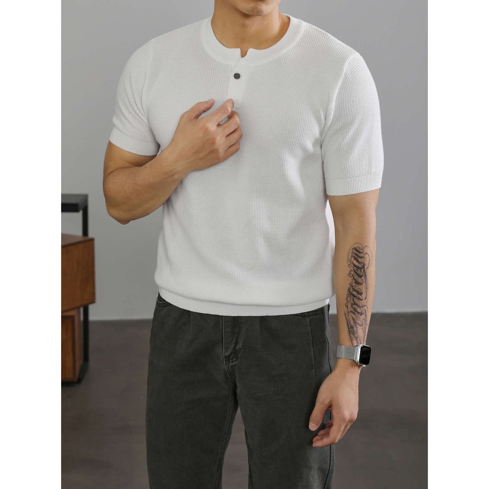 Henry Collar Short-Sleeved Knitted Sweater Men Breathable Summer Fashion
