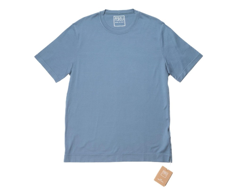 Fedeli $207 Muted Blue Extreme Giza Organic Cotton Short Sleeve T-Shirt 50 IT M