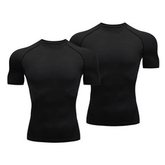 2Pcs Plain Compression TShirts Mens Summer Running shirt Turtleneck Elastic Quic