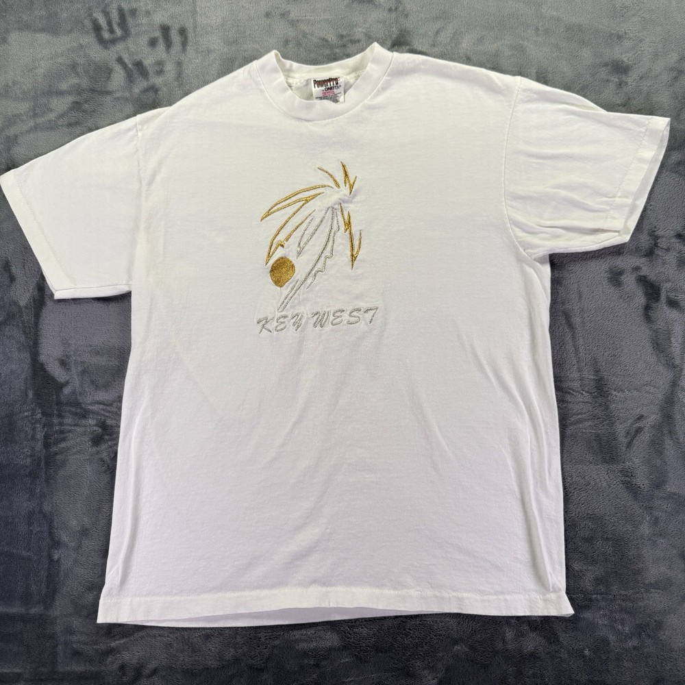 VTG Key West T-Shirt Size L White Embroidered Stitched Palm Tree Beach 90s FL
