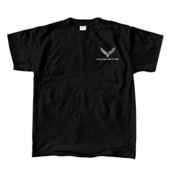 CHEVY CORVETTE C1 THRU C7 FLAGS LEGEND LIVES ON BLACK COTTON TEE SHIRT