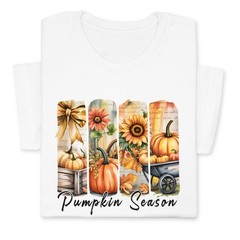 Pumpkin Season Print Shirt, Fall Tee with Sunflowers & Cart
