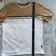 Tahari Mens Medium Short Color Block T Shirt 100% Cotton Tan White Crew Neck