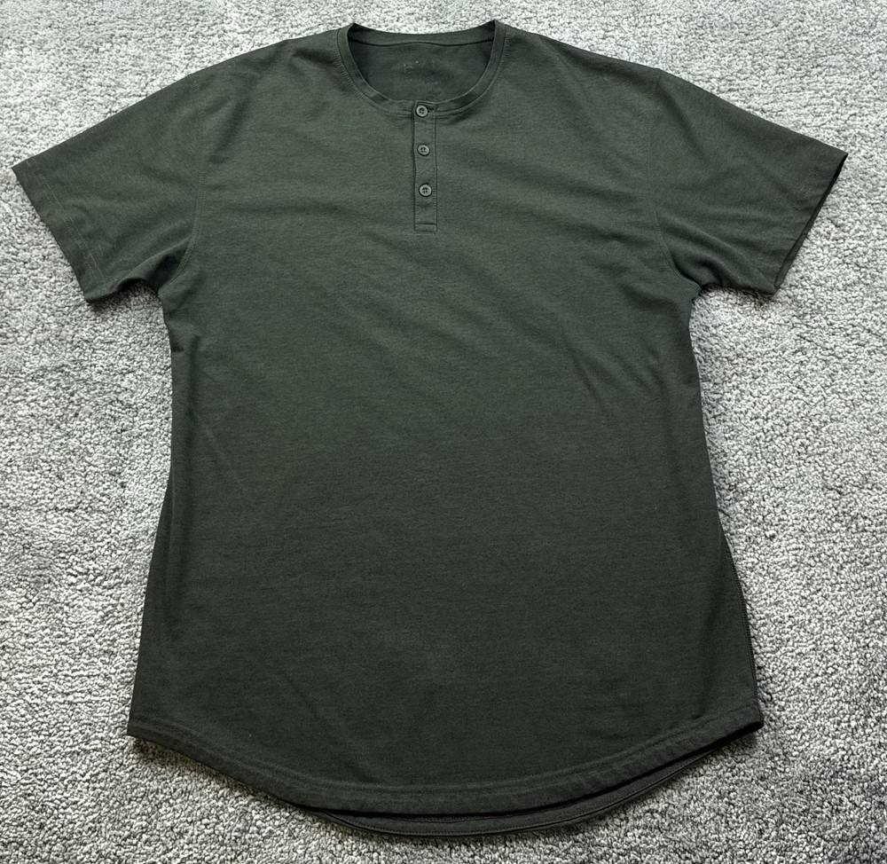 BYLT Shirt Mens Large Green Henley Drop-Cut Curved Hem Tagless Soft Tee Casual