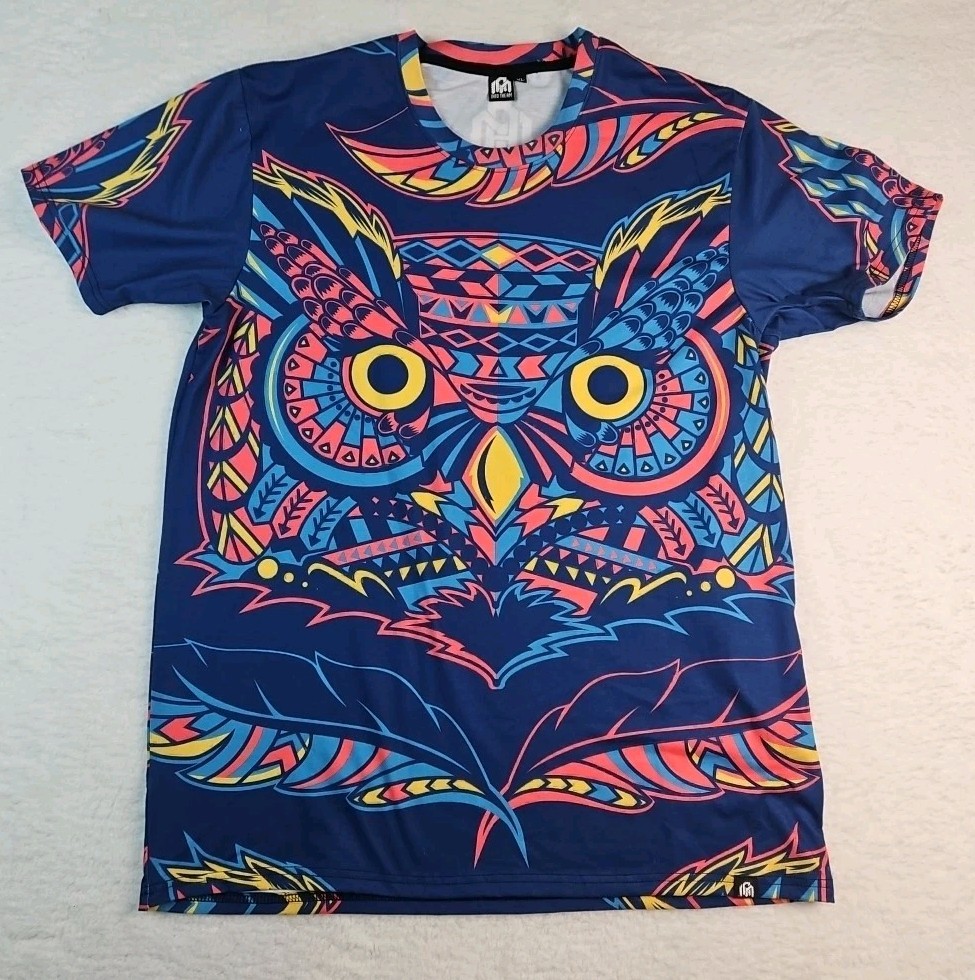 INTO THE AM Men’s XL Blue Owl Design T Shirt Psychedelic Trippy All Over Print