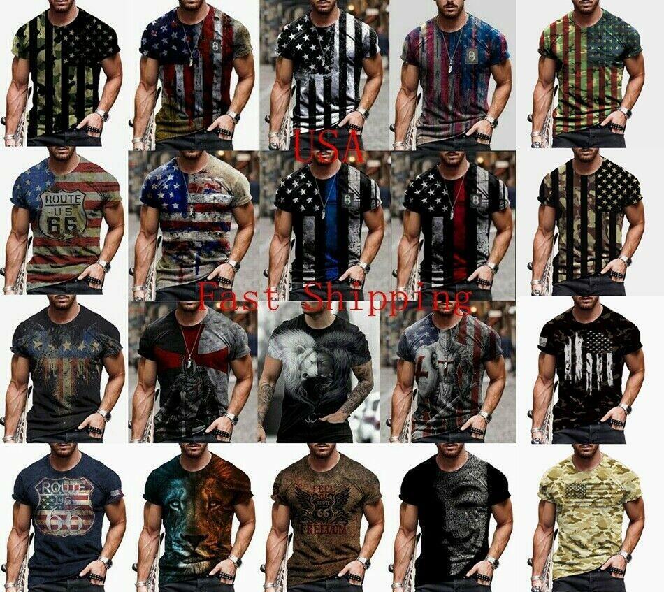 T Shirt Men US American Flag Vintage T-Shirt Short Sleeve Tactical Patriotic Tee