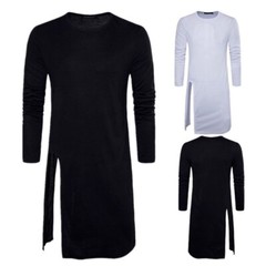 Men Asymmetric Longline T-shirt Tee Split Casual Top Shirt Long Sleeve Slim Sexy