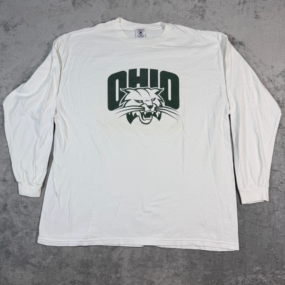 Vintage Delta Mens XXL Ohio Bobcats Long Sleeve T-Shirt White Graphic Cotton Tee