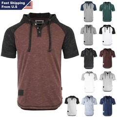 ZIMEGO Mens Short Sleeve Hoodie – Color Block Hooded Henley Shirt