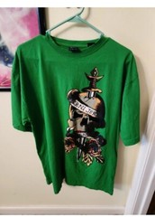 VTG Karl Kani Gold Mens Tattoo Graphic T-Shirt S/S Rare Skull Style Green Sz L