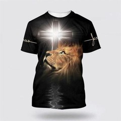 The Light Shines In The Darkness Lion Cross AOP Shirt 3D T-Shirt Full Size