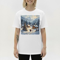 Cozy Winter Village T-Shirt Christmas Log Cabin Snow Scene Mountain Holiday Art