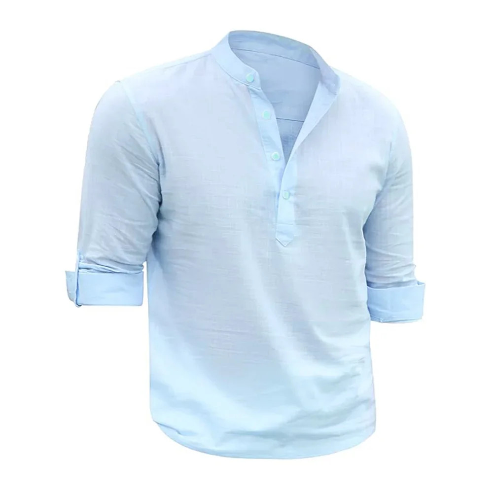 Men’s Shirts Henry Collar Soft Casual Spring Clothes Solid Color Long Sleeves Co