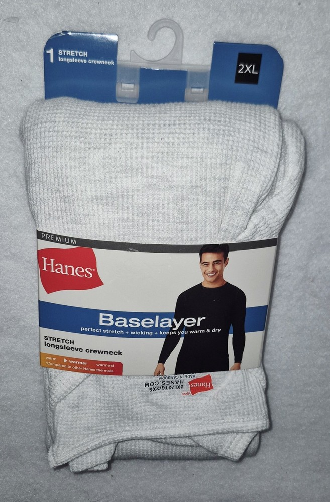 HANES Base Layer Thermal Stretch Long Sleeve Crewneck Grey White Men’s 2XL