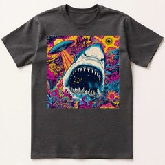 Trippy Space Shark T-Shirt Alien UFO Abduction Galaxy Mouth Colorful Art Tee
