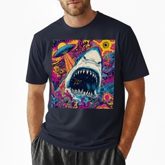 Trippy Space Shark T-Shirt Alien UFO Abduction Galaxy Mouth Colorful Art Tee