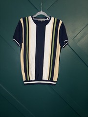 Paisley & Gray Slim Fit Knit Striped T-Shirt Navy White Beige Green L