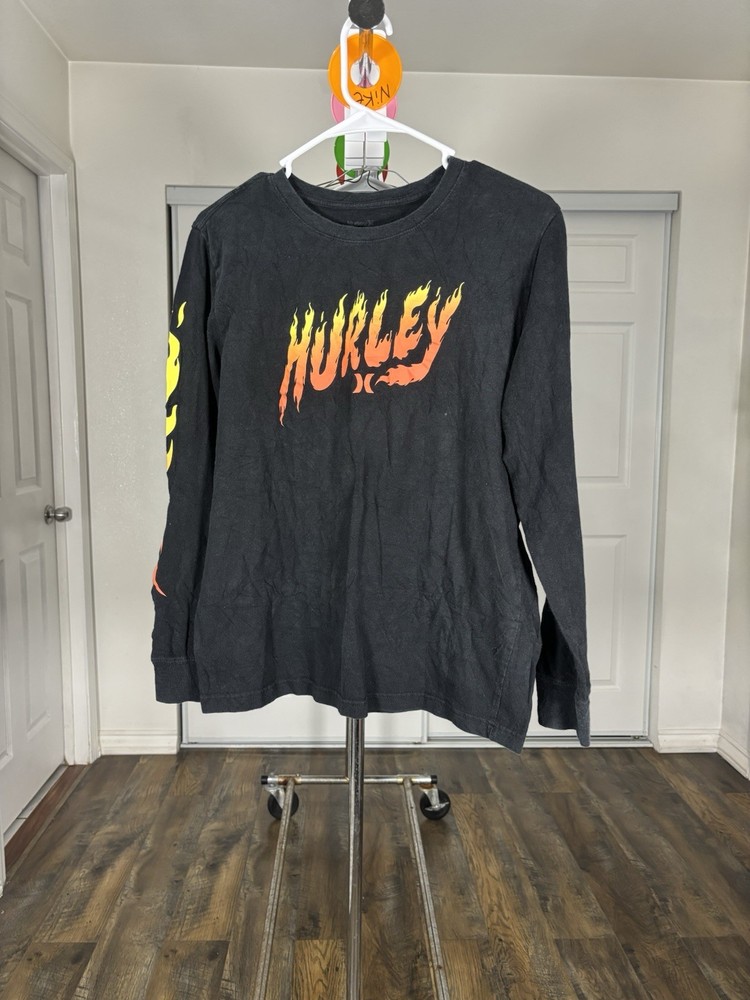 Hurley Flame Graphic Logo Men’s Black Long Sleeve Crew Neck T-Shirt Size XS