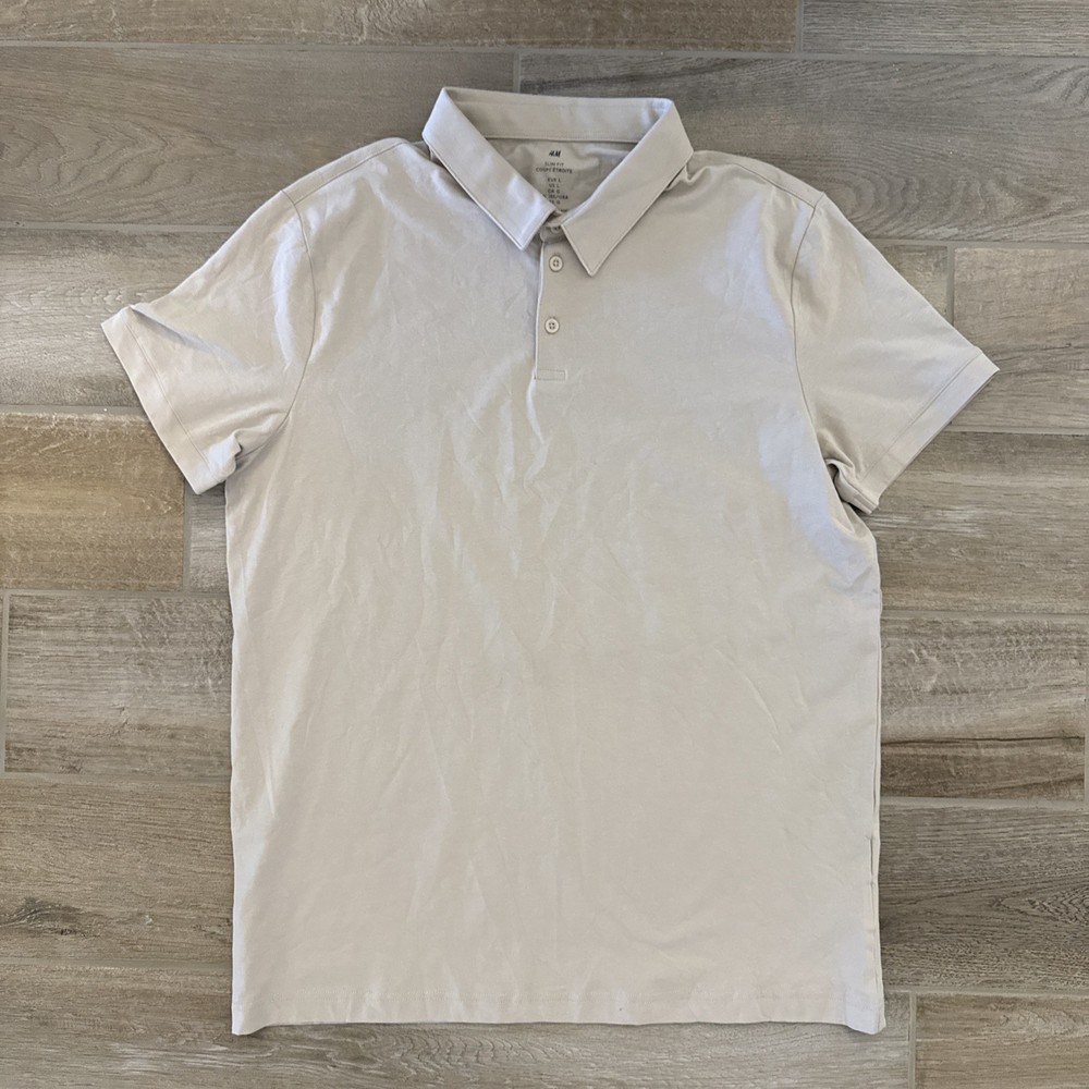H&M Men’s Slim Fit Polo Shirt Button + Spare Beige Size Large Stretch
