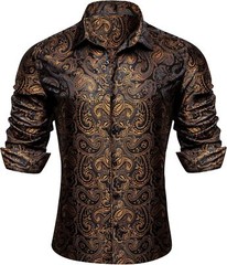 Mens Silk Paisley Western Shirt Long Sleeve Button Down Cowboy Dress Top Casual