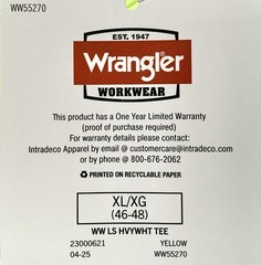NEW Wrangler Workwear Men’s Hi-Vis Yellow Long Sleeve Pocket T-Shirt Size XL